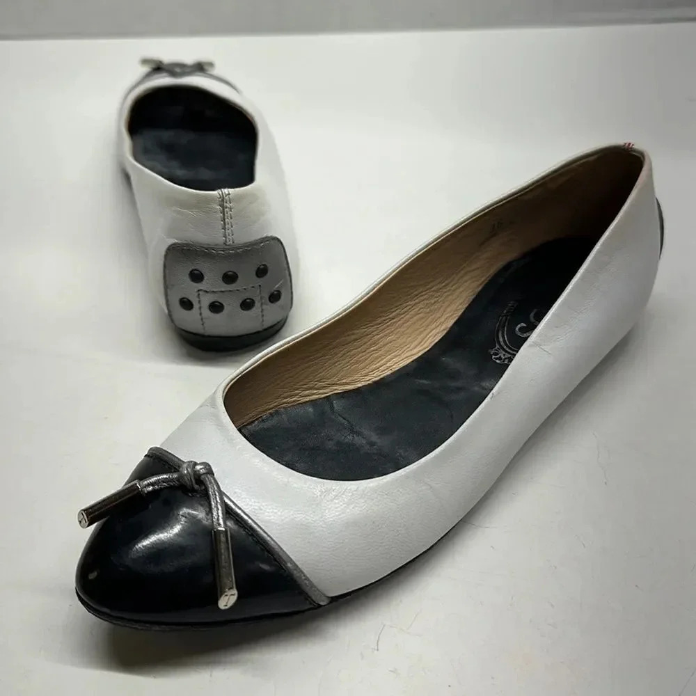 Tod's Ballet Flat Shoes Leather Slip On Black White Tassel Designer Size 36 6